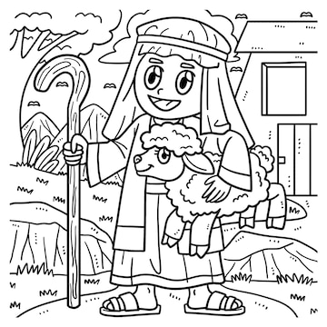 Premium vector christian shepherd sheep coloring page for kids