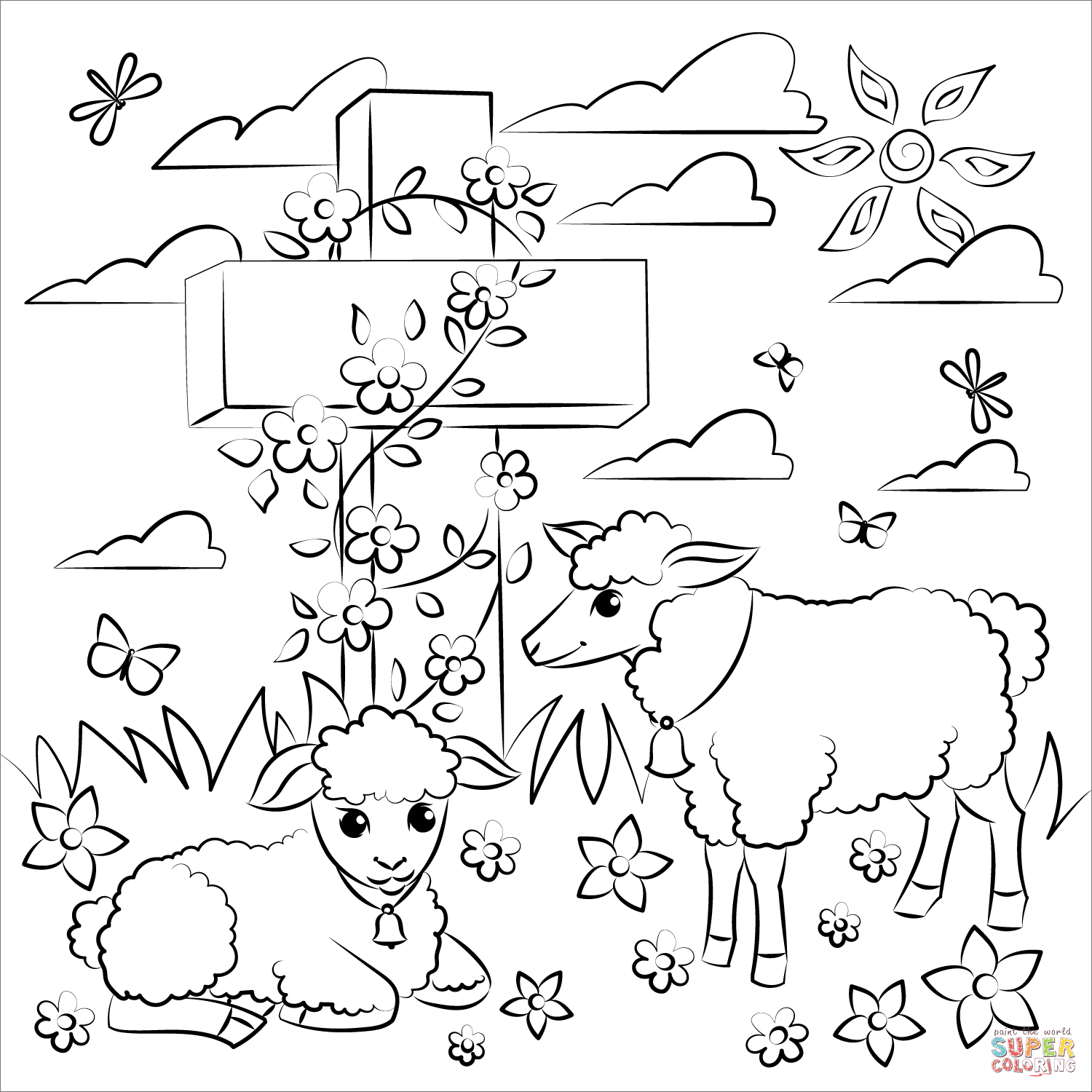 Easter lambs and jesus cross coloring page free printable coloring pages