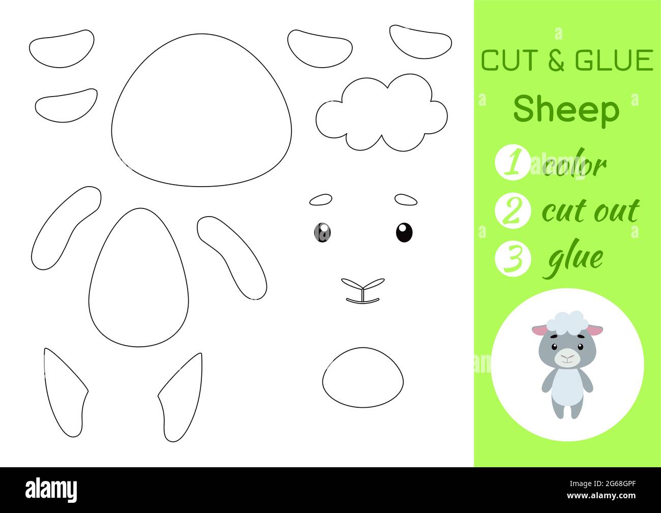 Color cut and glue paper little sheep cut and paste crafts activity page educational game for preschool children diy worksheet kids logic game p stock vector image art