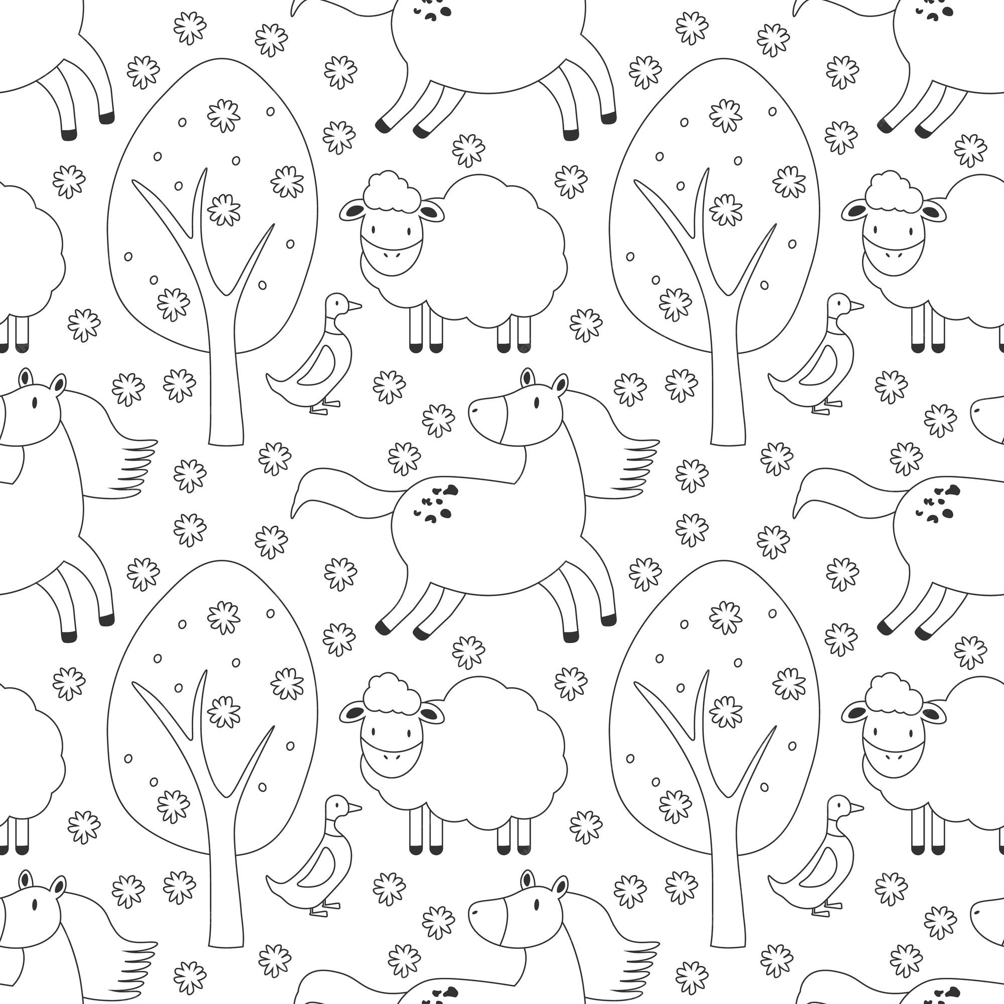 Premium vector vector black and white seamless pattern with farm animals outline horse sheep duck cute digital paper family love coloring page eps