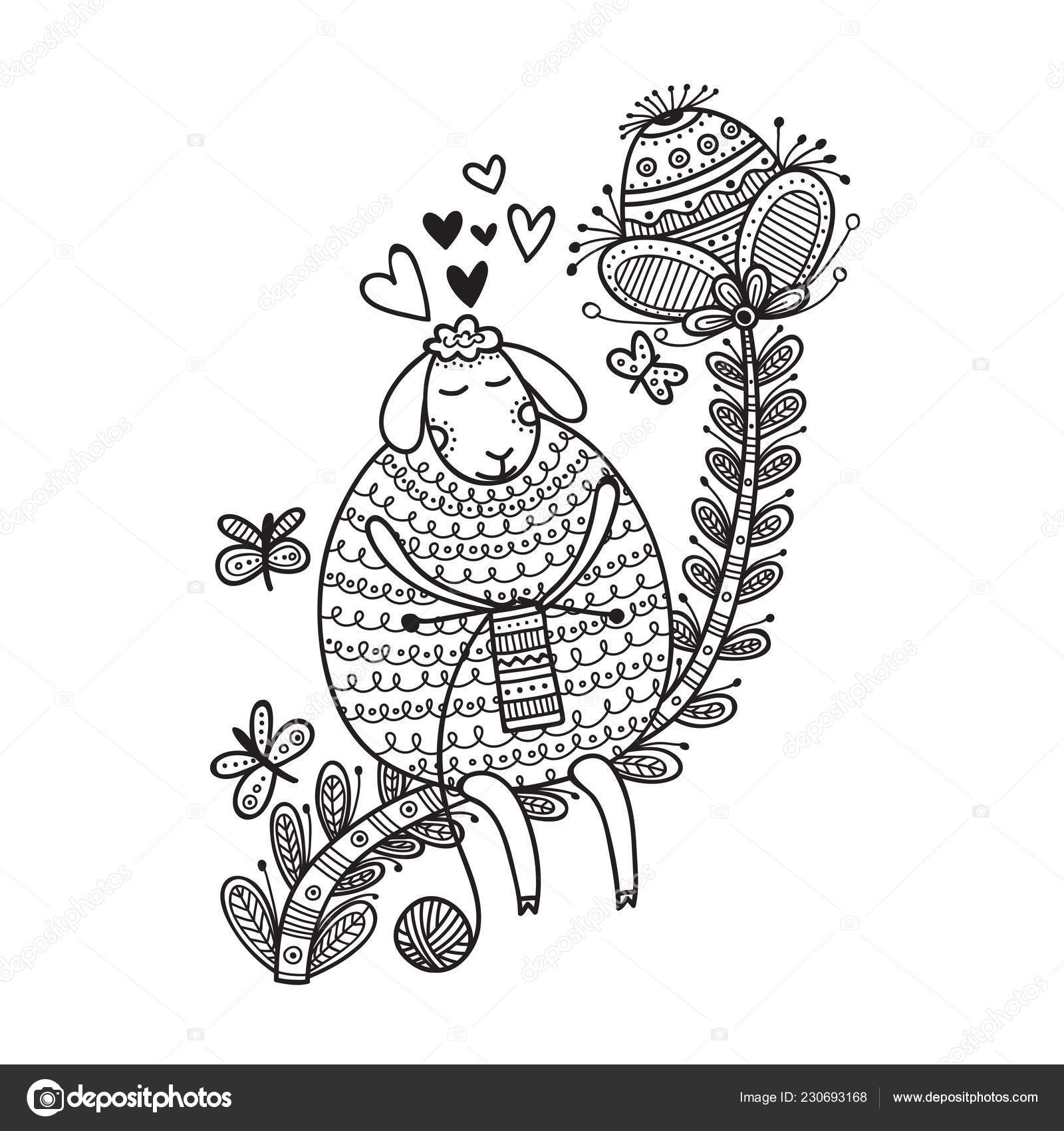 Vector illustration cute sheep knitting yarn ball coloring can used stock vector by samiola