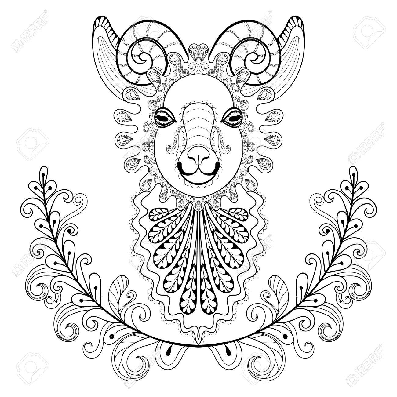 Ram with floral frame wreathe vector zentangle ram head illustration goat print for adult anti stress coloring page hand drawn artistically ornamental patterned decorative sheep for tattoo design royalty free svg cliparts