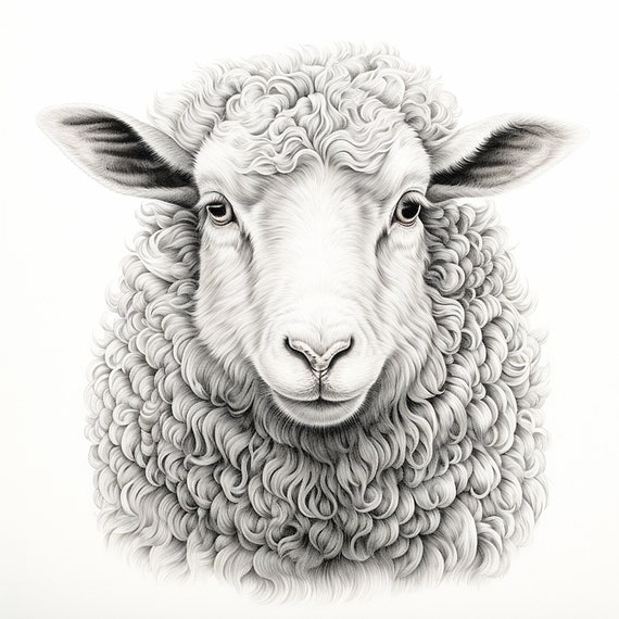 Sheep fine line illustration printable farm animal portrait coloring page clip art stencil sticker decal tattoo wall decor