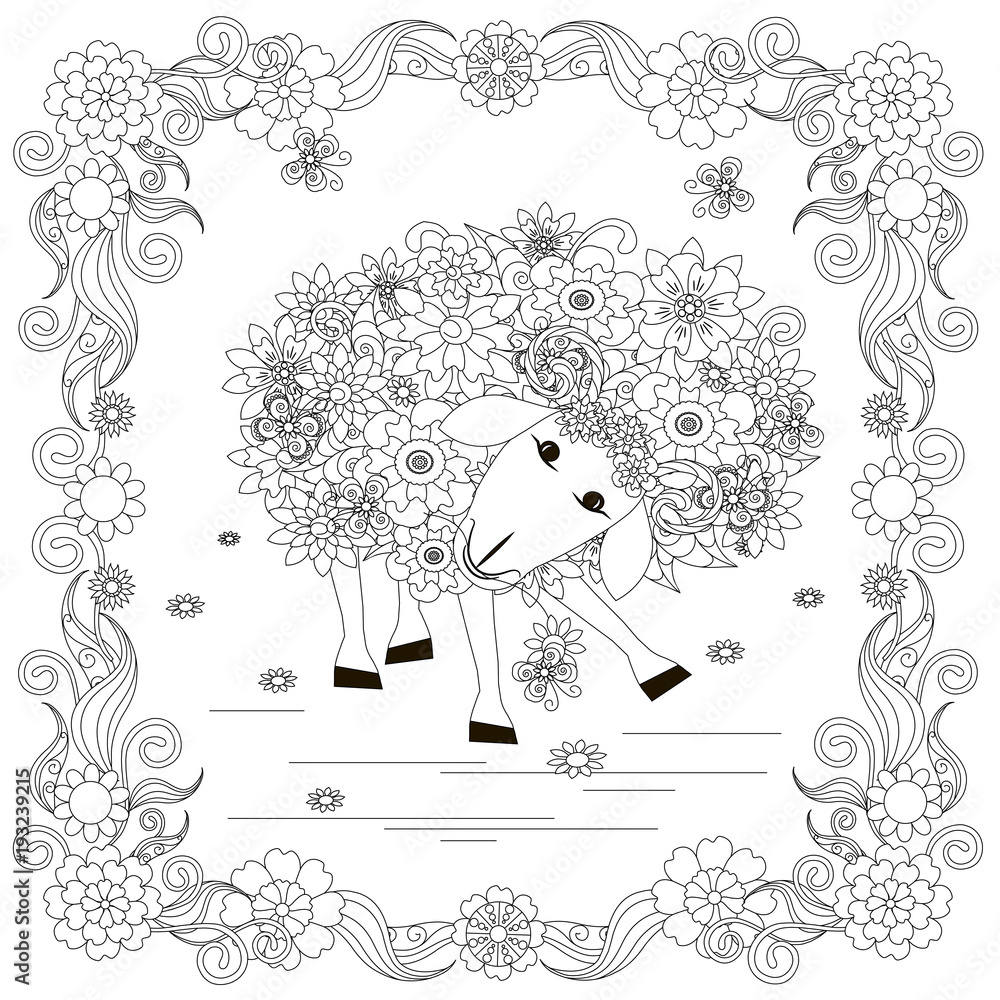 Flowers sheep in frame monochrome sketch coloring page anti