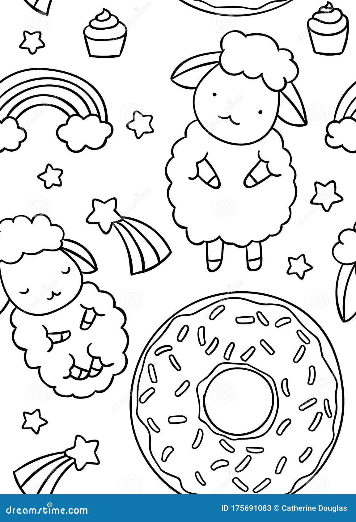 Seamless pattern black and white cute hand drawn sheep and star and donut doodle coloring pages stock vector