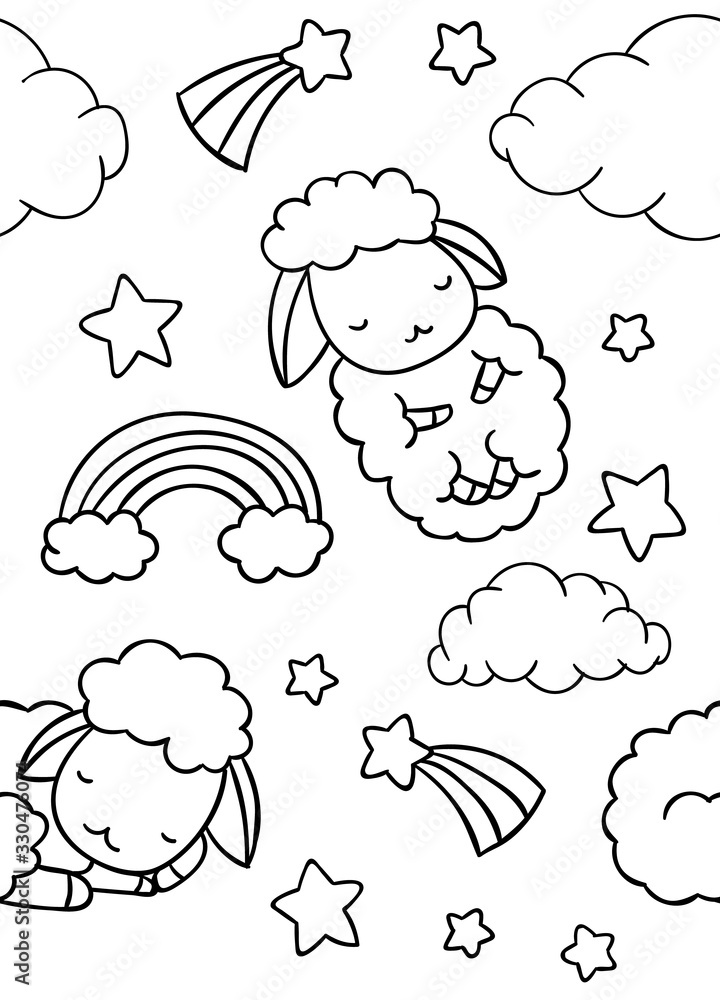 Seamless pattern black and white cute hand drawn sheep cloud and star doodle coloring pages print vector