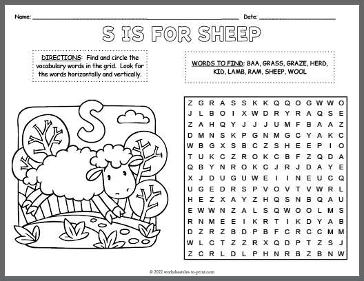 Sheep word search coloring page