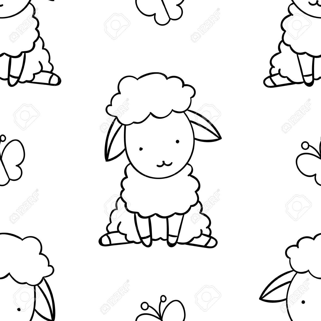 Simple seamless pattern black and white cute kawaii hand drawn sheep doodles coloring pages print royalty free svg cliparts vectors and stock illustration image