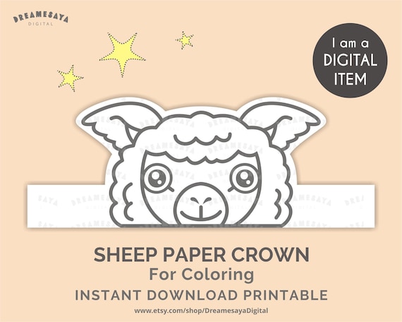 Sheep coloring paper hat printable jpg black white sheep party crown template farm animal coloring page download