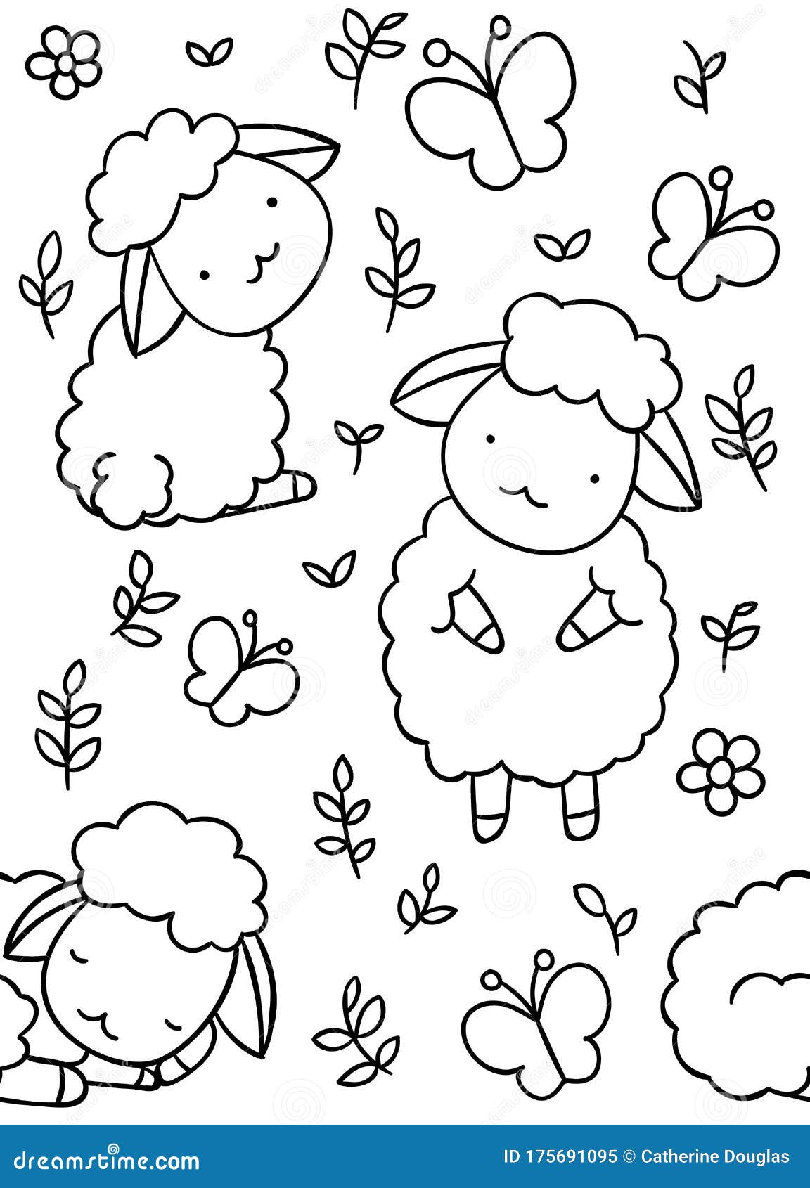 Seamless pattern black and white cute hand drawn sheep and butterfly doodle coloring pages stock vector