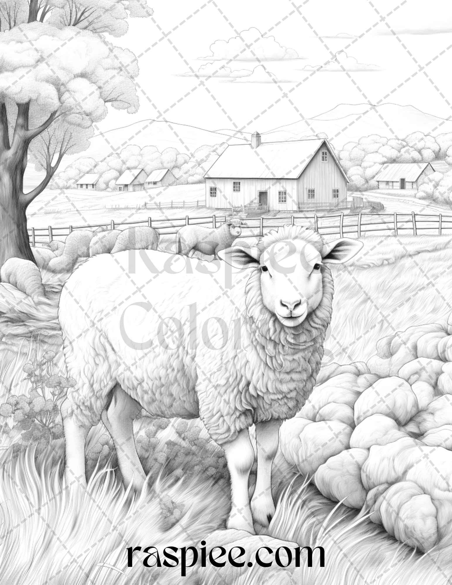 Farmstead serenity grayscale coloring pages printable for adults p â coloring