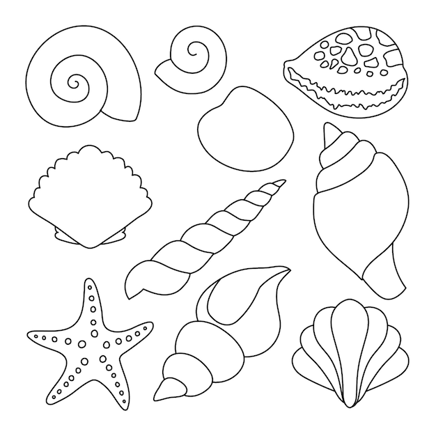 Premium vector set coloring pages element shells black and white abstract flat isolated on a white background