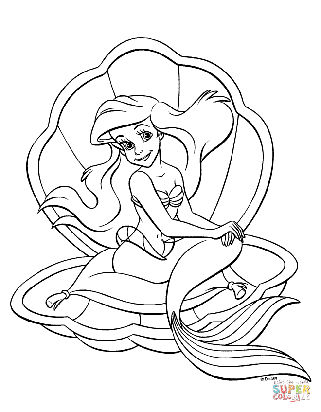 Ariel in a cockle shell coloring page free printable coloring pages