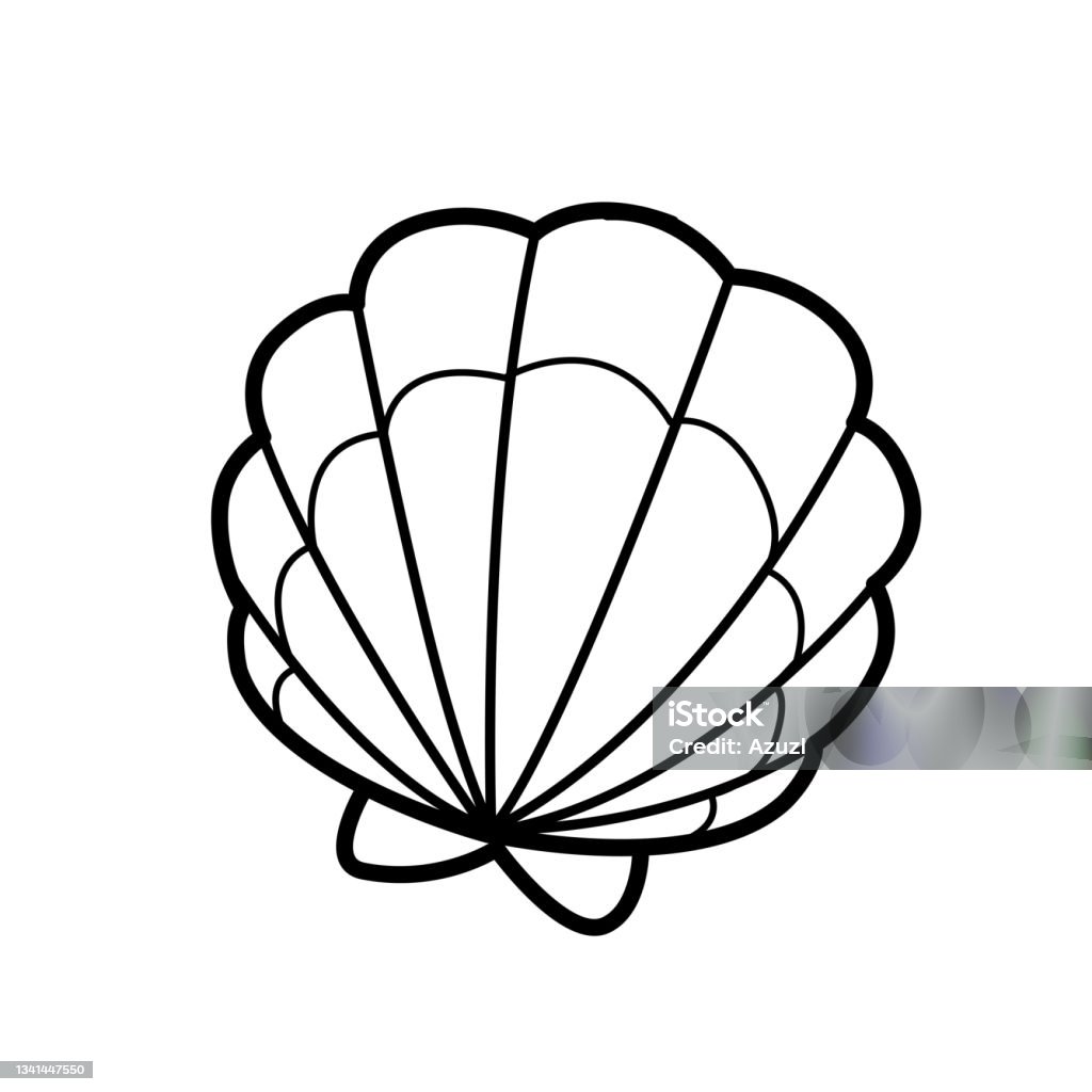 Scallop shell outlined for coloring page isolated on white background stock illustration