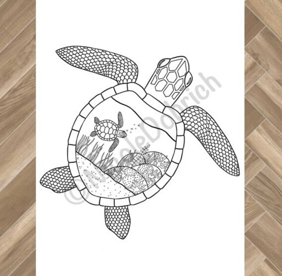 Sea turtle shell ocean scene printable adult coloring page instant download adult coloring book instant print kids coloring page