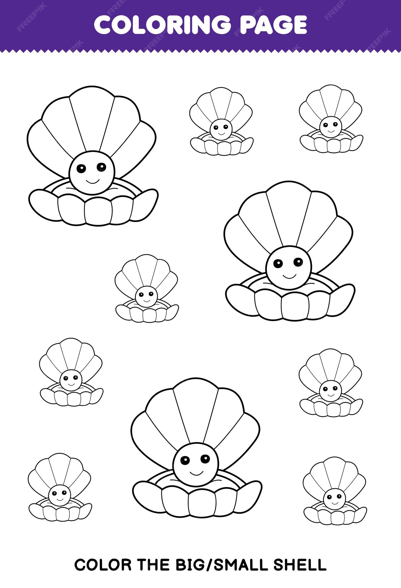 Premium vector education game for children coloring page big or small picture of cute cartoon shell line art printable underwater worksheet