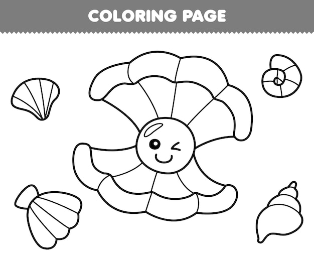 Premium vector education game for children coloring page of cute cartoon shell line art printable underwater worksheet