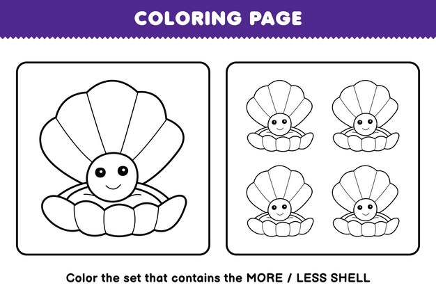 Premium vector education game for children coloring page more or less picture of cute cartoon shell line art set printable underwater worksheet