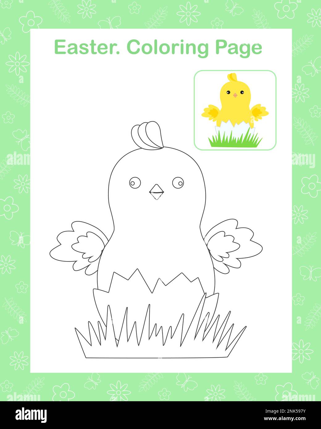 Springtime easter holiday scene green grass little chicken in cracked egg shell coloring page with sample image vector illustration seasonal printable leisure activity worksheet teachers resources stock vector image art