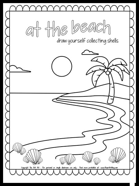 At the beach coloring page â draw yourself collecting shells â free printable â the art kit