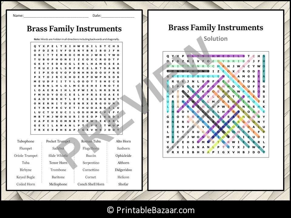 Brass family instruments word search puzzle worksheet activity teaching resources