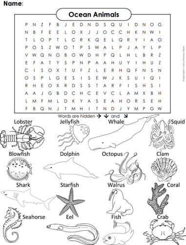 Ocean animals word search coloring book teaching resources