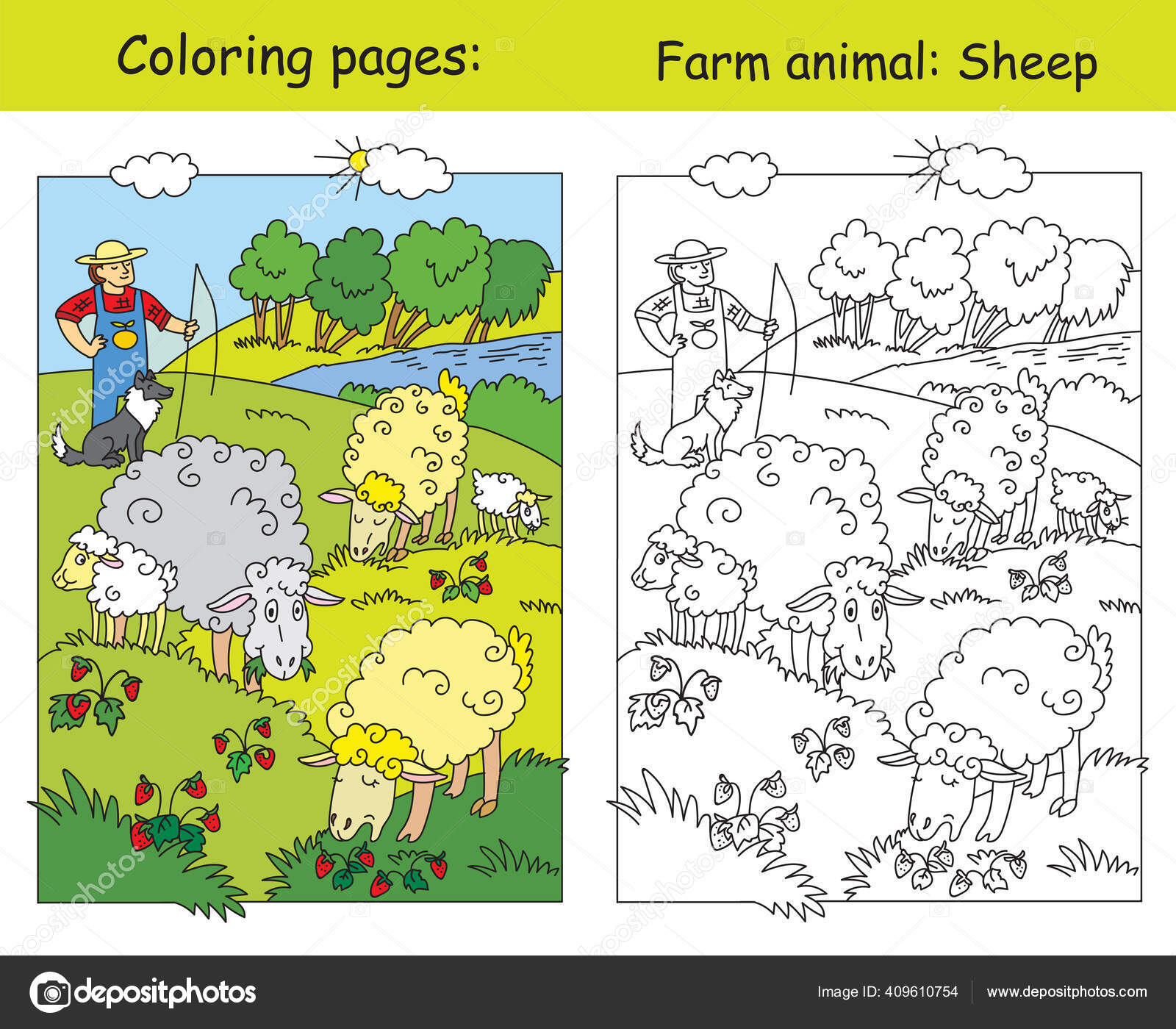 Coloring pages cute sheeps gracing meadow shepherd his dog cartoon stock vector by alinart