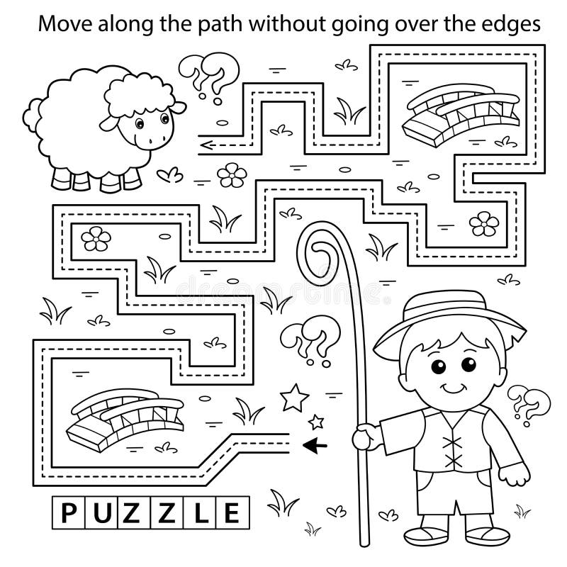 Handwriting practice sheet simple educational game or maze coloring page outline of cartoon shepherd with flock of sheep stock vector