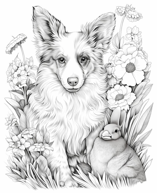 Premium ai image australian shepherd dog and white rabbit coloring page fun