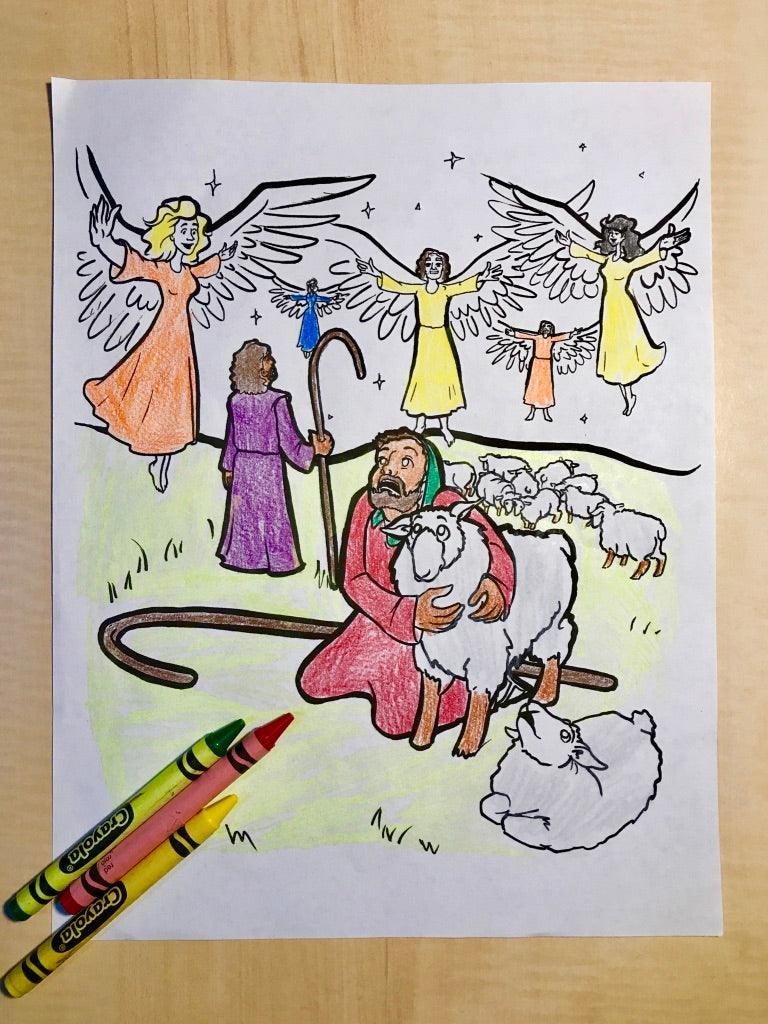 Shepherds and angels coloring page