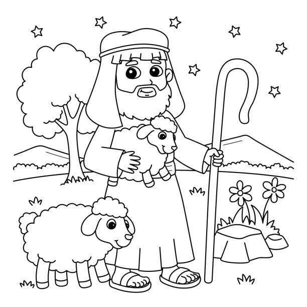 Christian shepherd coloring page for kids stock illustration