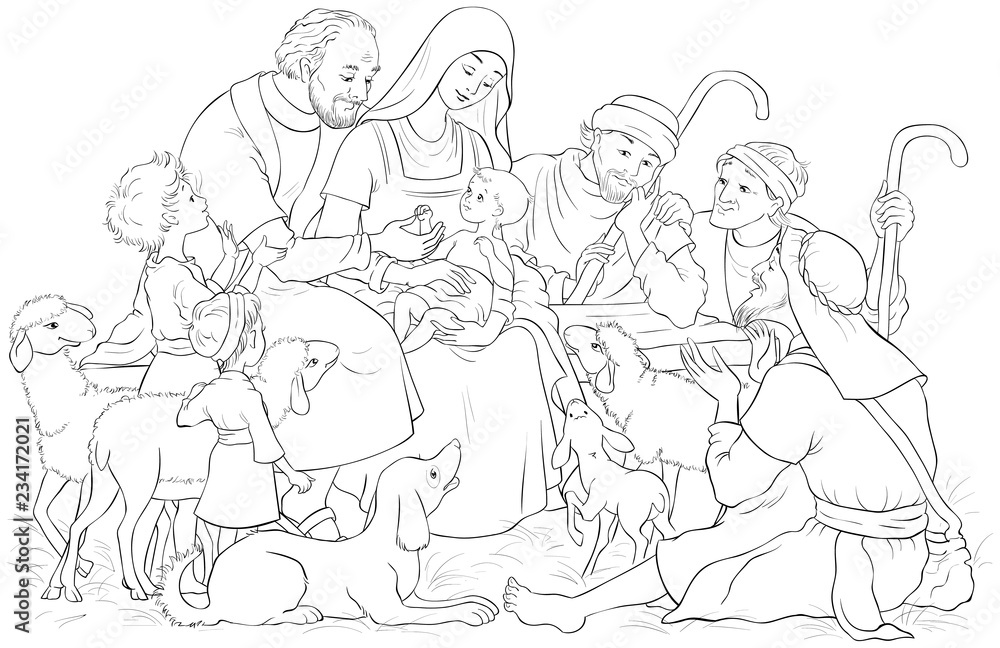 Christmas nativity scene with holy family baby jesus mary joseph and shepherds coloring page vector