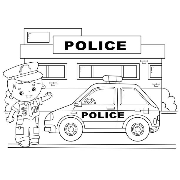 Coloring page outline of cartoon policeman with car profession police image transport or vehicle for children coloring book for kids stock illustration