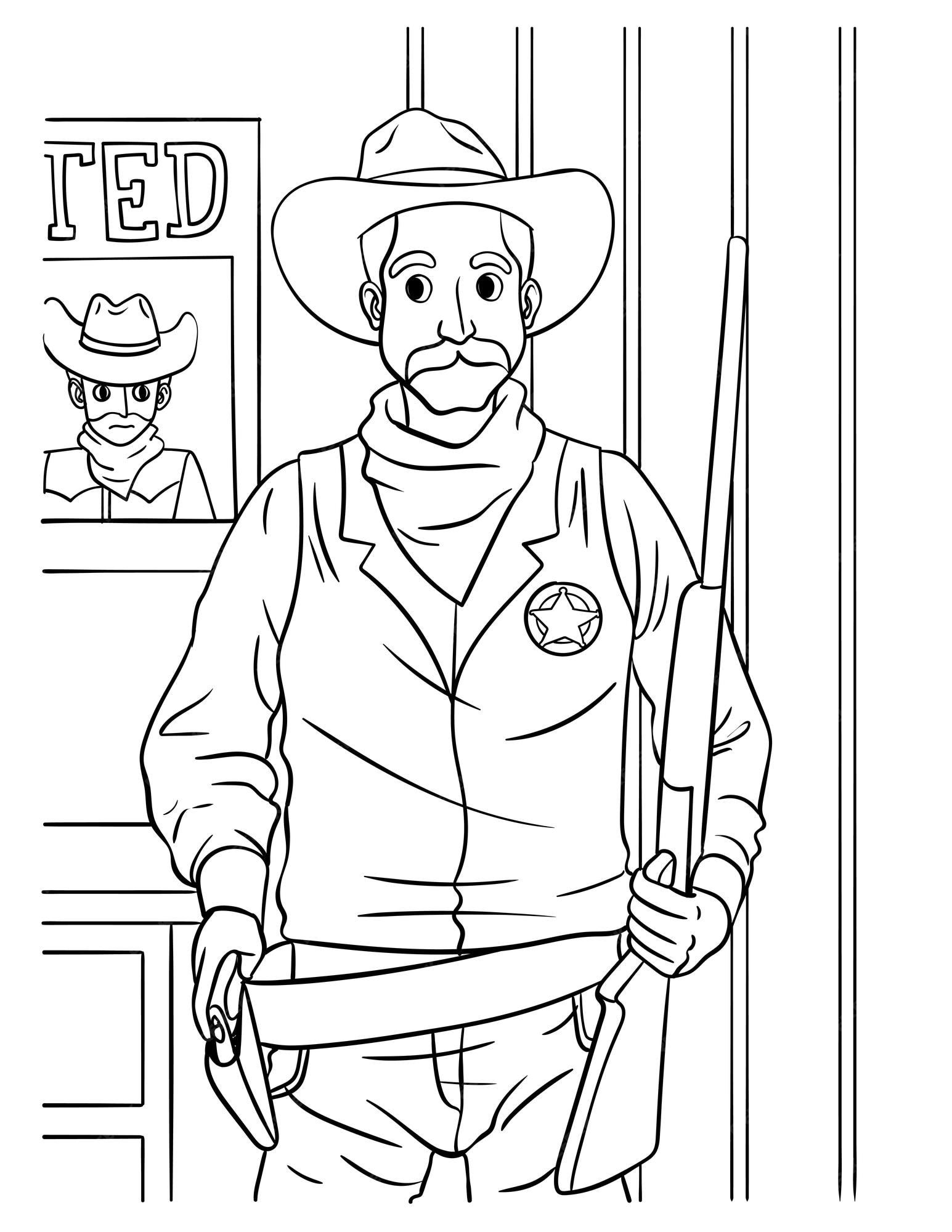 Premium vector cowboy sheriff coloring page for kids