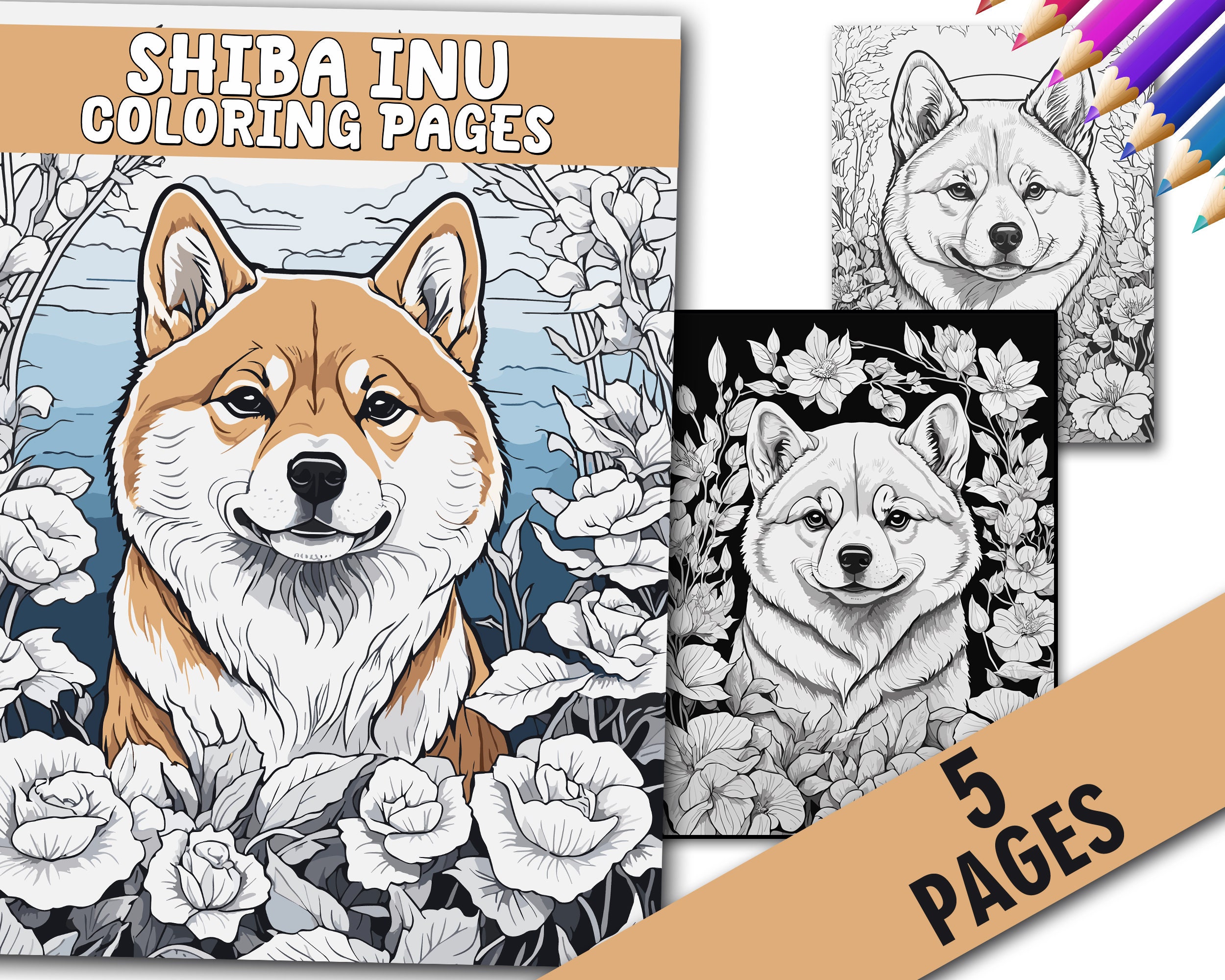 Shiba inu coloring pages instant download digital coloring e