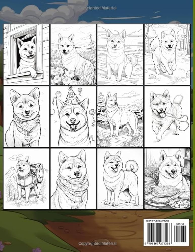 Shiba inu coloring book cute shiba inu coloring page with different background illustrations for stress relieving v fulton richard books