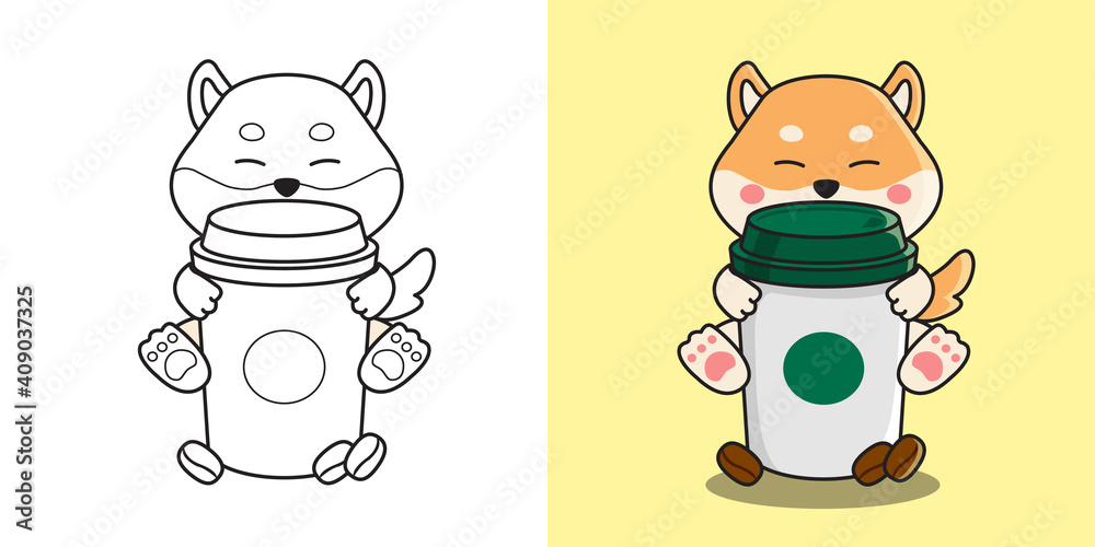 Cute shiba inu dog hugging a hot takeaway coffee cup decorated with coffee bean children coloring page flat style illustration vector vector