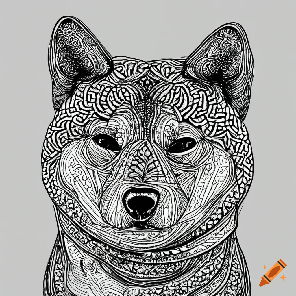 Coloring page for adults mandala dog image shiba inu white