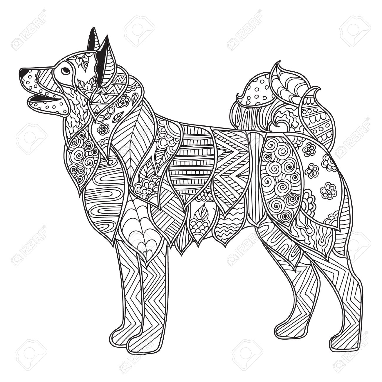 Dog adult antistress or children coloring page hand drawn animal doodle sketch for tattoo poster print t