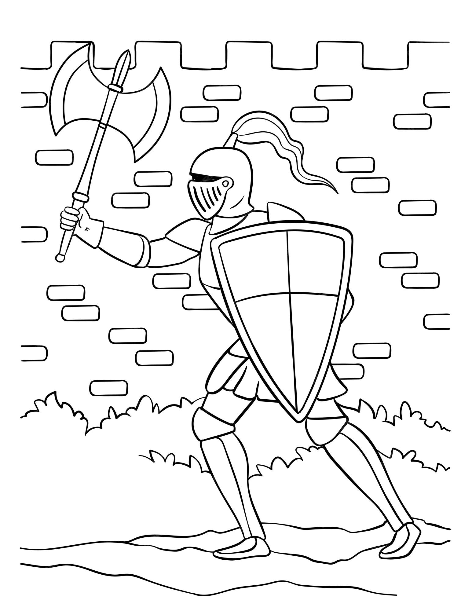 Premium vector knight holding axe and shield coloring page