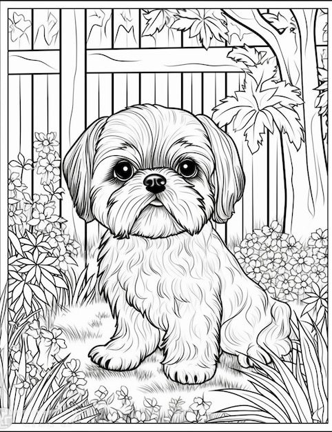 Premium ai image shih tzu dog in a garden coloring page for adults shih tzu dog in a garden coloring page for adults and kids