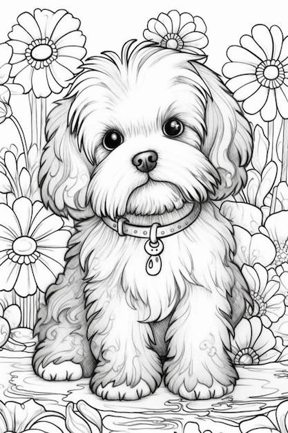 Premium photo a drawing of a shih tzu dog in a flower field