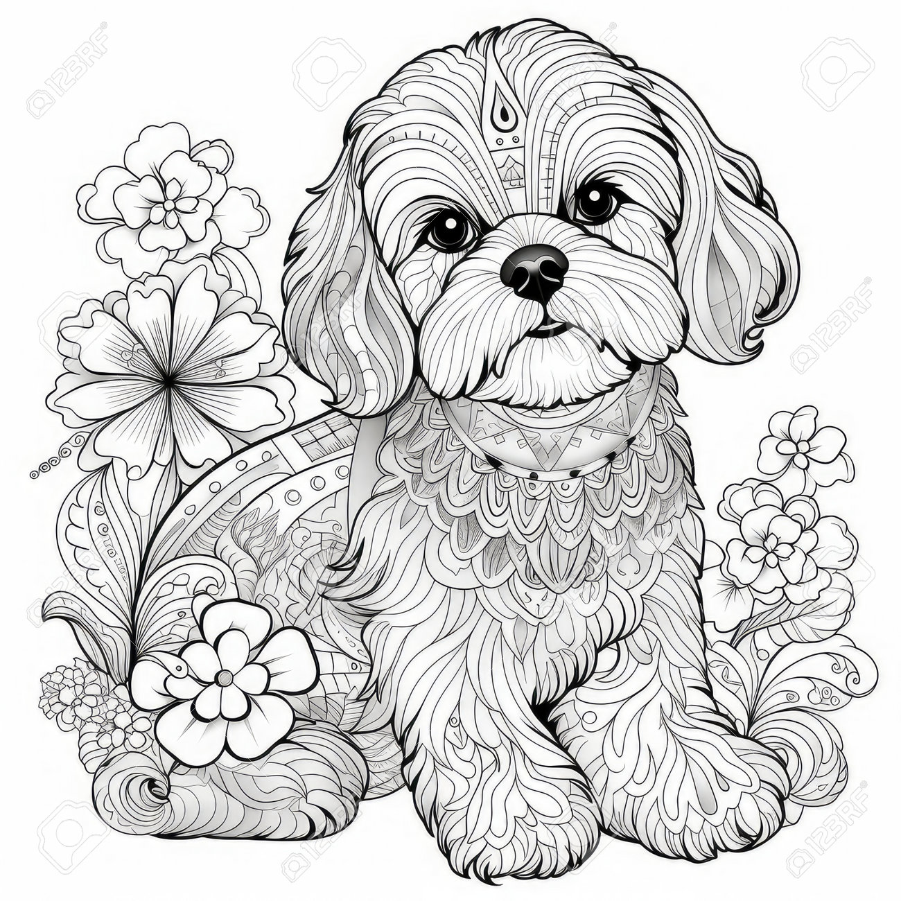 Cute shih tzu dog sitting with flowers and paisley vector illustration for adult coloring page stock photo picture and royalty free image image