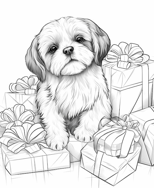 Premium ai image whimsical christmas pup coloring book page for adults with a shih tzu puppy