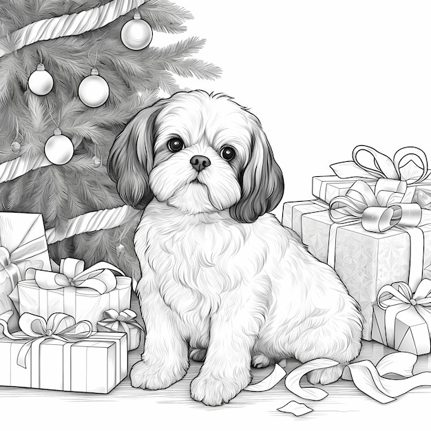 Premium ai image shih tzu puppy christmas surprise coloring book page for adults with a festive present