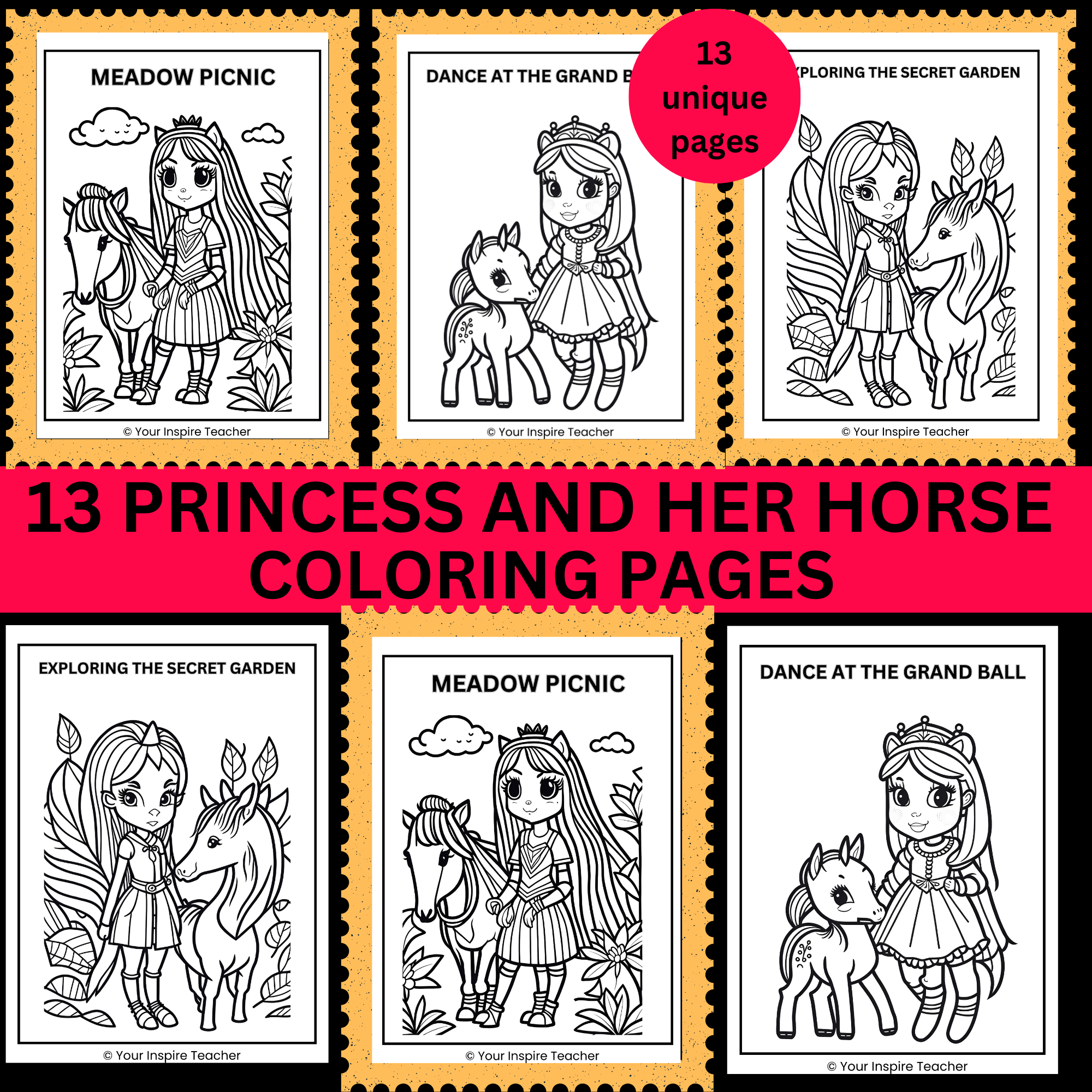 Unique adorable princess and her horse coloring pages