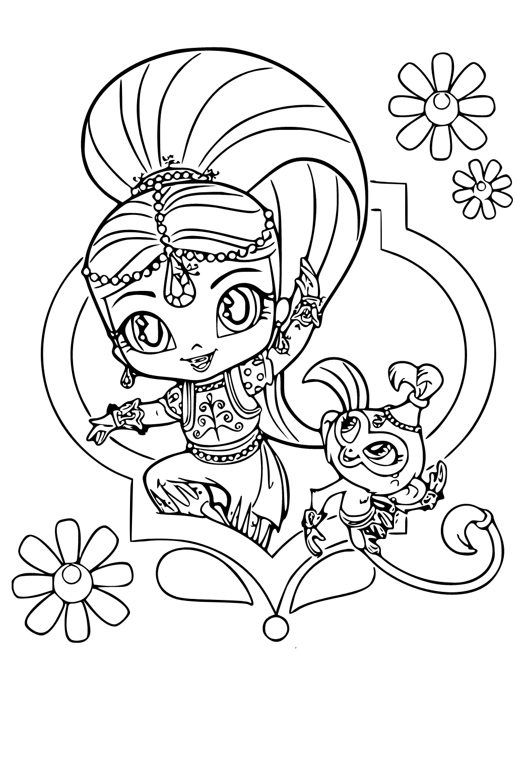 Free printable shimmer and shine flowers coloring page for adults and kids