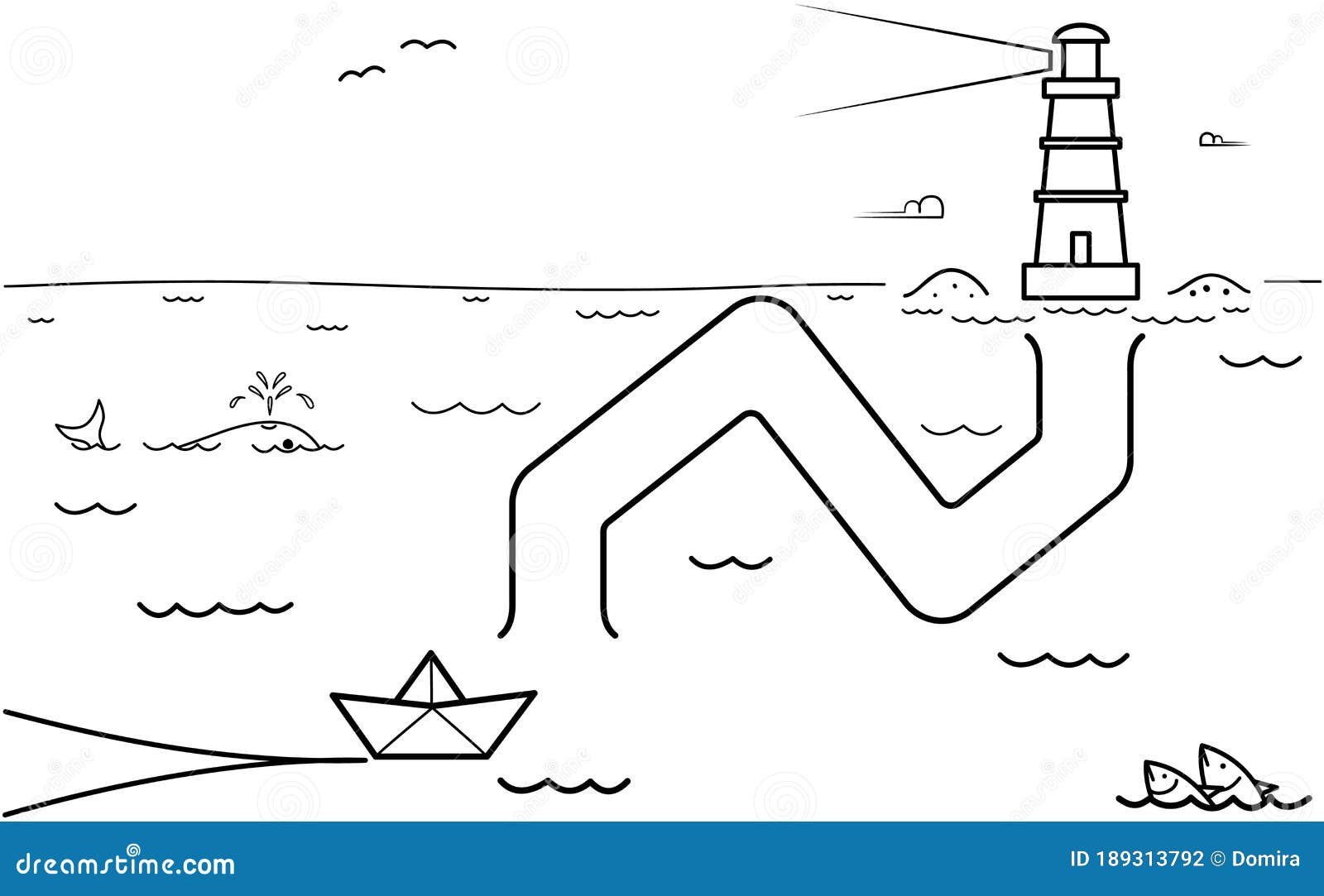 Black coloring pages with maze cartoon ship and lighthouse kids education art game stock vector