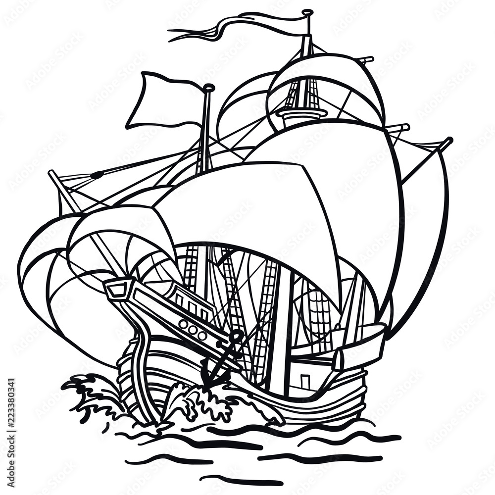 Old hand drawn pirate sailing ship in rough sea with cocked sails vector graphics outlines coloring page tattoo template vector