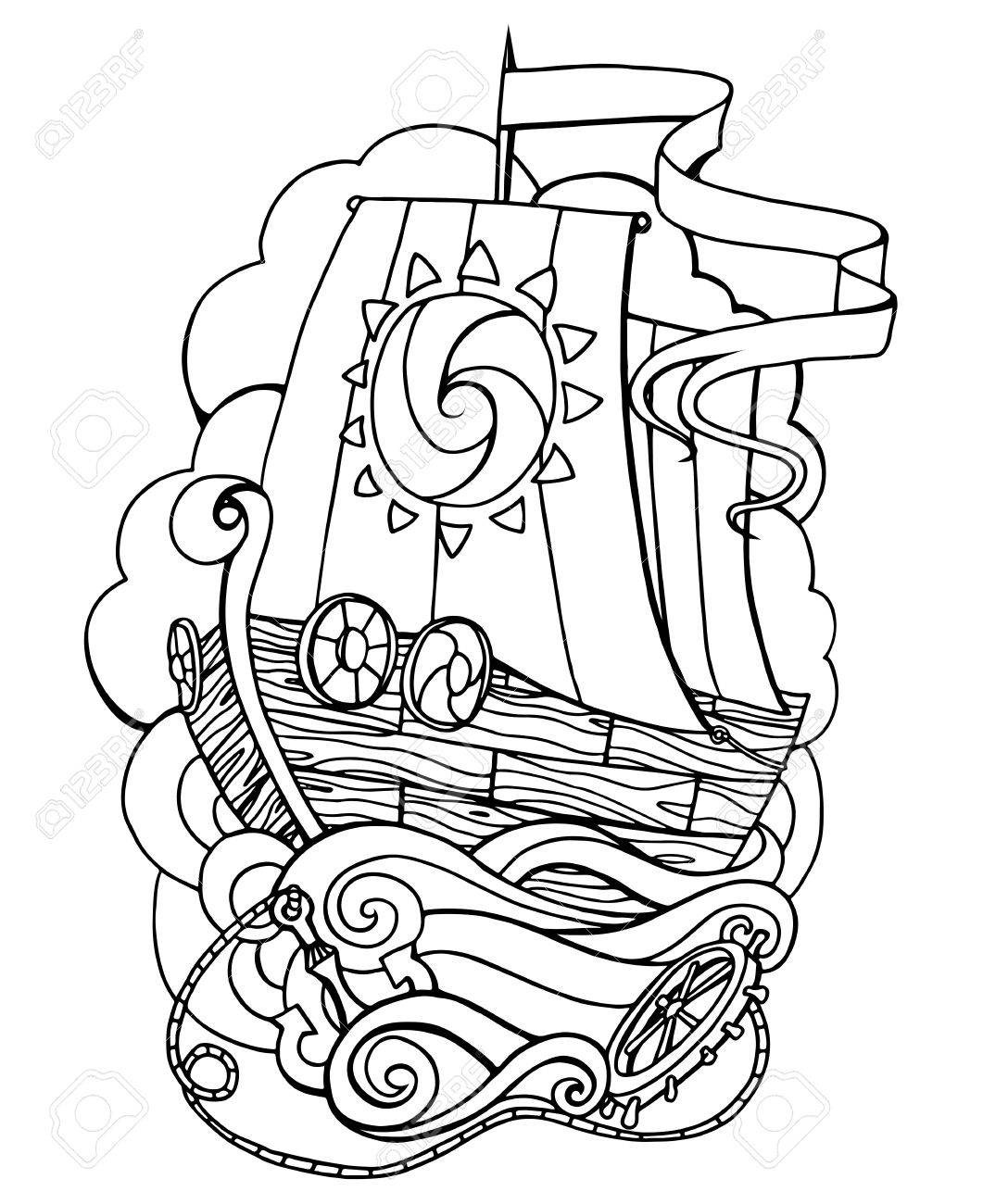 Vector illustration of sea ship with an anchor and helm template coloring for adults royalty free svg cliparts vectors and stock illustration image